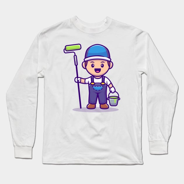 Painter With Roll Brush And Bucket Paint Cartoon Long Sleeve T-Shirt by Catalyst Labs